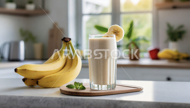 كوب من الميلك شيك الشهي مع فاكهة الموز الطازجة على الطاولة في المطبخ، المشروبات الباردة الشهية، مشروب صيفي منعش ومثلج، عصائر طبيعية مفيدة