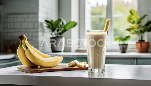 كوب من الميلك شيك الشهي مع فاكهة الموز الطازجة على الطاولة في المطبخ، المشروبات الباردة الشهية، مشروب صيفي منعش ومثلج، عصائر طبيعية مفيدة