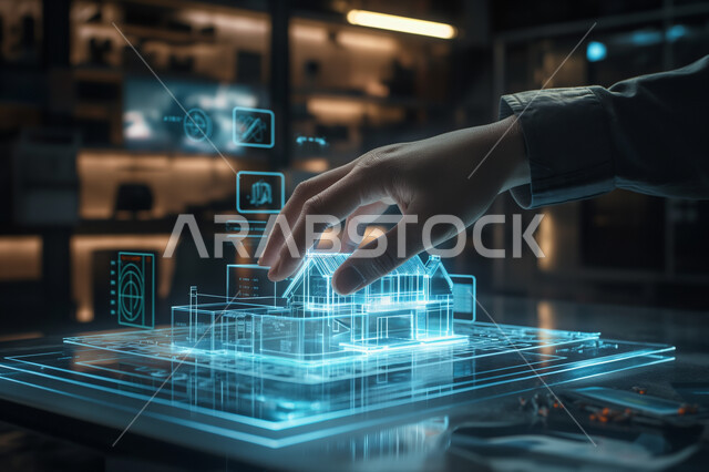 التصاميم والمخططات الهندسية المتطورة لمشاريع البناء المستقبلية في السعودية، رؤية مستقبلية سعودية 2030، خلفية هولوجرامية ثلاثية الأبعاد للبيوت والمنازل السكنية، صورة مقربة ليد مهندس عربي خليجي سعودي يراقب جودة العمل