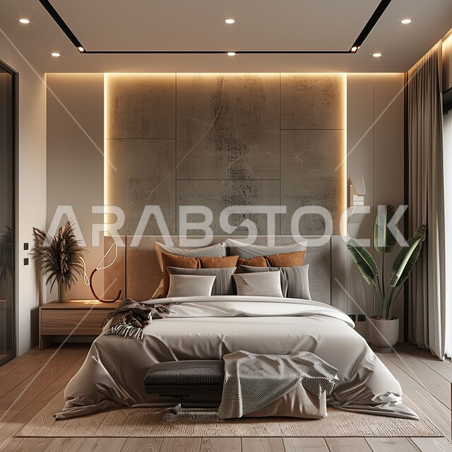 تصاميم وديكورات داخلية أنيقة لغرفة نوم مريحة، شقق وفلل سكنية في المملكة العربية السعودية، الاهتمام بنبات الزينة، سرير مريح بألوان هادئة، إكسسوارات وتحف وأثاث منزلي راقي، غرف ذات تصميم عصري وفخم