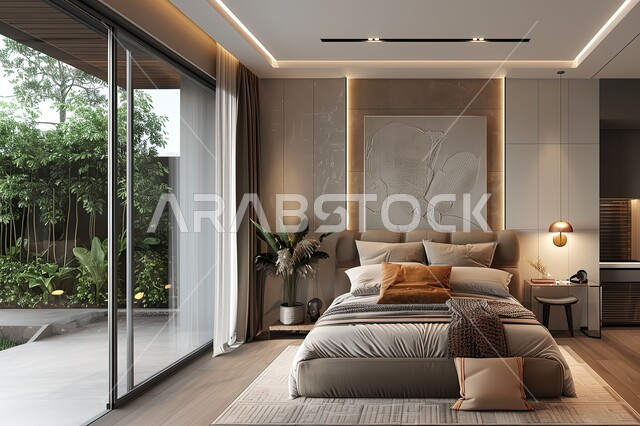 سرير مريح بألوان هادئة، واجهات زجاجية مطلة على الطبيعة، مفهوم الاهتمام بنبات الزينة، إكسسوارات وتحف وأثاث منزلي راقي، غرف ذات تصميم عصري وفخم، تصاميم وديكورات داخلية أنيقة لغرفة نوم مريحة، فلل وشقق سكنية في المملكة العربية السعودية