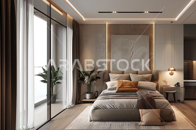 نوافذ وواجهات زجاجية، مفهوم الاهتمام بنبات الزينة، سرير مريح بألوان هادئة، إكسسوارات وتحف وأثاث منزلي راقي، غرف ذات تصميم عصري وفخم، تصاميم وديكورات داخلية أنيقة لغرفة نوم مريحة، فلل وشقق سكنية في المملكة العربية السعودية