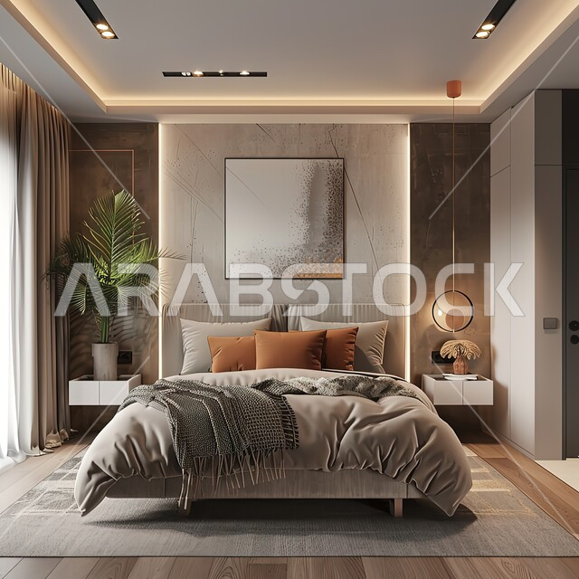 مفهوم الاهتمام بنبات الزينة، إكسسوارات وتحف وأثاث منزلي راقي، غرف ذات تصميم عصري وفخم، تصاميم وديكورات داخلية أنيقة لغرفة نوم مريحة، فلل وشقق سكنية في المملكة العربية السعودية، سرير مريح بألوان هادئة