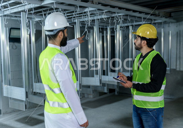 مهندسان  سعوديان عاملان يشرفان في داخل المصنع في المملكة العربية السعودية , إرتداء خوذة وسترة الحماية الخاصة بالعمل , العامل المسؤول بخوذة صفراء , المهندس المشرف بخوذة بيضاء , فحص المعدات بأنفسهم , تدقيق العمل , الإشراف والنقاش في العمل