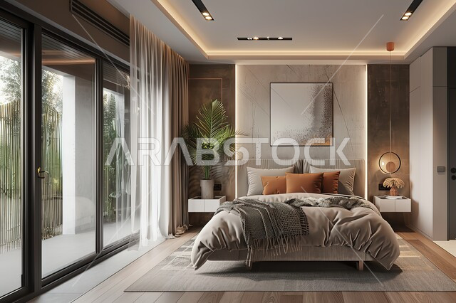 واجهة زجاجية مطلة على الطبيعة، تصاميم وديكورات داخلية أنيقة لغرفة نوم مريحة، فلل وشقق سكنية في المملكة العربية السعودية، الاهتمام بنبات الزينة، غرف ذات تصميم عصري وفخم، تحف وإكسسوارات وأثاث منزلي راقي، سرير مريح بألوان هادئة