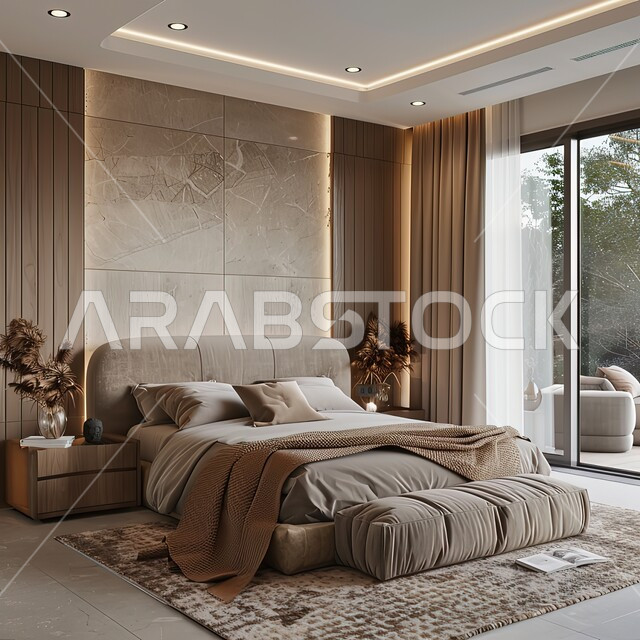 واجهة زجاجية مطلة على الطبيعة، تصاميم وديكورات داخلية أنيقة لغرفة نوم مريحة، فلل وشقق سكنية في المملكة العربية السعودية، الاهتمام بنبات الزينة، غرف ذات تصميم عصري وفخم، تحف وإكسسوارات وأثاث منزلي راقي، سرير مريح بألوان هادئة