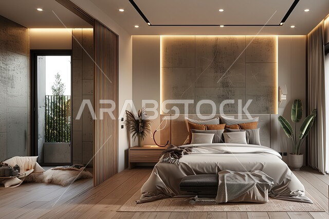 Elegant interior designs and decorations for a comfortable bedroom, villas and residential apartments in the Kingdom of Saudi Arabia, interest in ornamental plants, rooms with a modern and luxurious design, antiques, accessories and high-end home furniture, a comfortable bed in calm colors