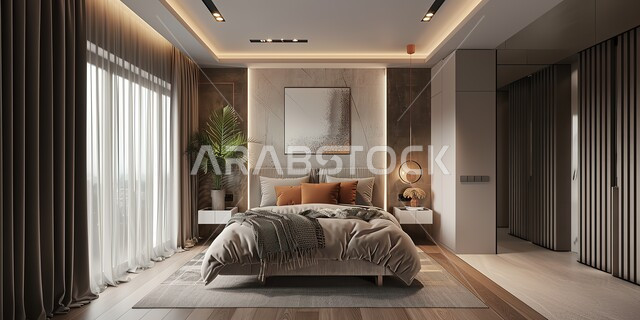 ديكورات وتصاميم داخلية أنيقة لغرفة نوم مريحة، فلل وشقق سكنية في المملكة العربية السعودية، الاهتمام بنبات الزينة، غرف ذات تصميم عصري وفخم، تحف وإكسسوارات وأثاث منزلي راقي، سرير مريح بألوان هادئة