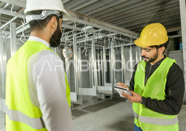 مهندسان  سعوديان عاملان يشرفان في داخل المصنع في المملكة العربية السعودية , إرتداء خوذة وسترة الحماية الخاصة بالعمل , العامل المسؤول بخوذة صفراء , المهندس المشرف بخوذة بيضاء , فحص المعدات بأنفسهم , تدقيق العمل , الإشراف والنقاش في العمل