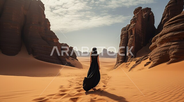 التشكيلات والتكوينات الصخرية للمرتفعات الجبلية في الصحراء، أماكن المغامرات والرحلات السياحية الترفيهية، صورة من الخلف لسيدة عربية خليجية سعودية ترتدي فستان أسود تسير في المناطق الصحراوية، صحاري في المملكة العربية السعودية