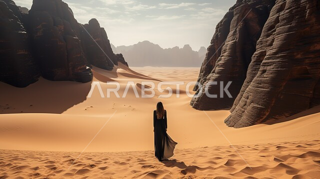 التشكيلات والتكوينات الصخرية للمرتفعات الجبلية في الصحراء، أماكن المغامرات والرحلات السياحية الترفيهية، صورة من الخلف لسيدة عربية خليجية سعودية ترتدي فستان أسود تسير في المناطق الصحراوية، صحاري في المملكة العربية السعودية