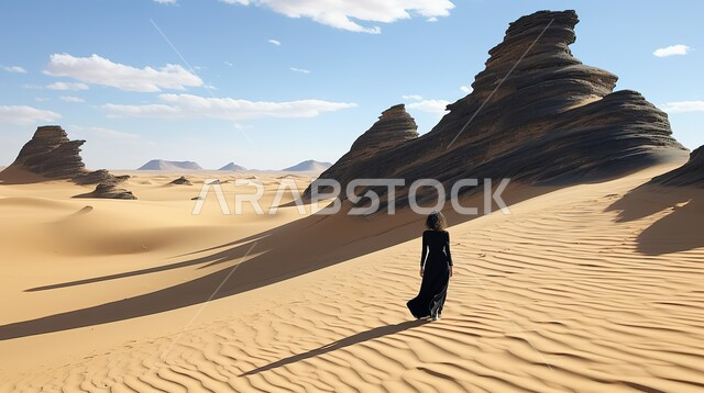 التشكيلات والتكوينات الصخرية للمرتفعات الجبلية في الصحراء، أماكن المغامرات والرحلات السياحية الترفيهية، صورة من الخلف لسيدة عربية خليجية سعودية ترتدي فستان أسود تسير في المناطق الصحراوية، صحاري في المملكة العربية السعودية