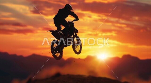 التحديات الحماسية و الأنشطة الترفيهية, دمج الفعاليات الرياضية بالثقافة السياحية، ممارسة الرياضة المفضلة في صحراء المملكة العربية السعودية, صورة ظلية لسائح يركب الدراجة النارية السريعة فوق القمم والمرتفعات الجبلية وقت غروب الشمس، خلفية الطبيعه, سالويت