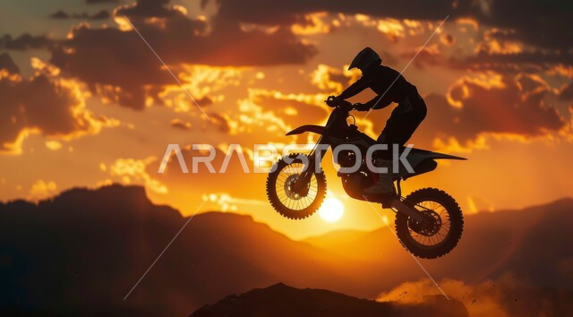  دمج الفعاليات الرياضية بالثقافة السياحية، ممارسة الرياضة المفضلة في صحراء المملكة العربية السعودية, الأنشطة الترفيهية والتحديات الحماسية, صورة ظلية لسائح يركب الدراجة النارية السريعة فوق القمم والمرتفعات الجبلية وقت غروب الشمس، خلفية الطبيعه, سالويت
