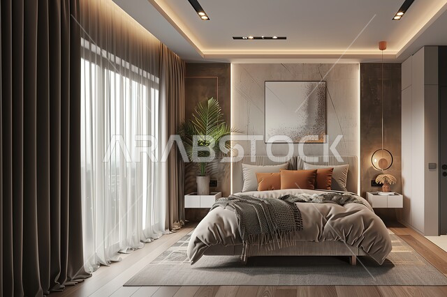 Residential apartments and villas with sophisticated decorations, interior design for a bedroom in a modern style, elegant and sophisticated home furniture, pillows and a comfortable bed, the art of architecture and decoration in hotels and resorts designed in modern ways, rooms with luxurious modern interior designs