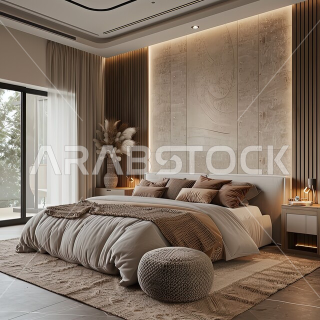 تصميم داخلي لغرفة نوم بأسلوب حديث، أثاث منزلي راقي وأنيق، وسائد وسرير مريح، فن الهندسة المعمارية والديكور في الفنادق والمنتجعات المصممة بالطرق الحديثة، شقق وفلل سكنية بديكورات متطورة، غرف بتصاميم داخلية عصرية فاخرة