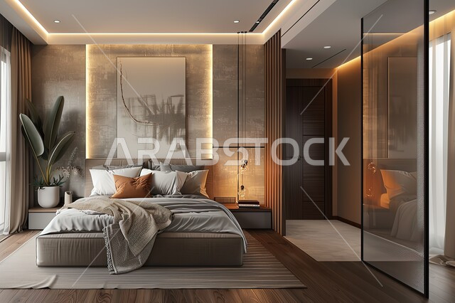 وسائد وسرير مريح، فن الهندسة المعمارية والديكور في الفنادق والمنتجعات المصممة بالطرق الحديثة، أثاث منزلي راقي وأنيق، شقق وفلل سكنية بديكورات متطورة، تصميم داخلي لغرفة نوم بأسلوب حديث، غرف بتصاميم داخلية عصرية فاخرة