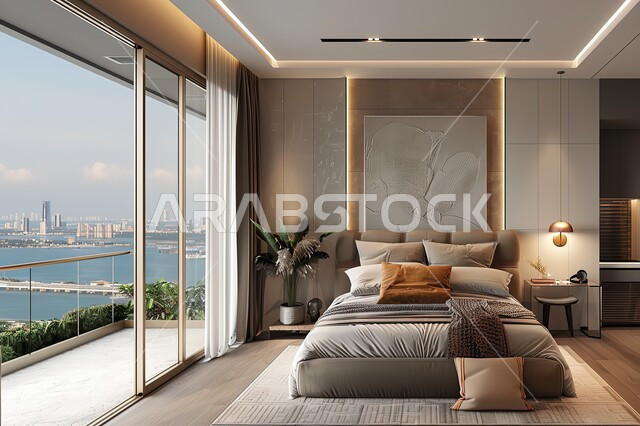 سرير ووسائد مريحة، فن الهندسة المعمارية والديكور في الفنادق والمنتجعات المصممة بالطرق الحديثة، أثاث منزلي راقي وأنيق، شقق وفلل سكنية بديكورات متطورة، تصميم داخلي لغرفة نوم بأسلوب حديث، غرف بتصاميم داخلية عصرية فاخرة