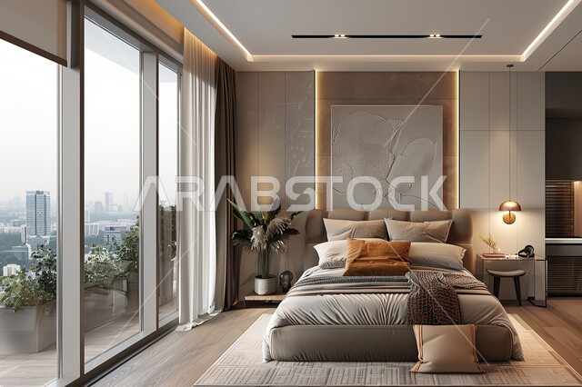 فن الهندسة المعمارية والديكور في الفنادق والمنتجعات المصممة بالطرق الحديثة، سرير ووسائد مريحة، أثاث منزلي راقي وأنيق، شقق وفلل سكنية بديكورات متطورة، تصميم داخلي لغرفة نوم بأسلوب حديث، غرف بتصاميم داخلية عصرية فاخرة