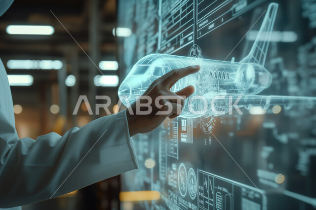 A three-dimensional model of an airplane using hologram technology, achieving the industrial revolution, Saudi Vision 2030, Saudi Arabian airline companies, using artificial intelligence science and technology in engineering factories, a close-up of an engineer’s hand working on maintaining and building modern jet aircraft.