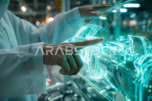 مفهوم صناعة السيارات، المخططات والتصاميم الهندسية لمشاريع المستقبل, التقدم والتطور التقني والتكنولوجي, صورة مقربة لأيدي رجل يتفاعل ويندمج مع رسوم بيانية هولوجرامية ثلاثية الابعاد للنموذج الأولي لهيكل السيارة, رؤية مستقبلية سعودية 2030