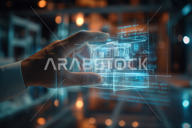 المخططات والتصاميم الهندسية لمشاريع المستقبل, مفهوم صناعة السيارات، التقدم والتطور التقني والتكنولوجي, صورة مقربة ليد رجل يتفاعل ويندمج مع رسوم بيانية هولوجرامية ثلاثية الابعاد للنموذج الأولي لهيكل السيارة, رؤية مستقبلية سعودية 2030