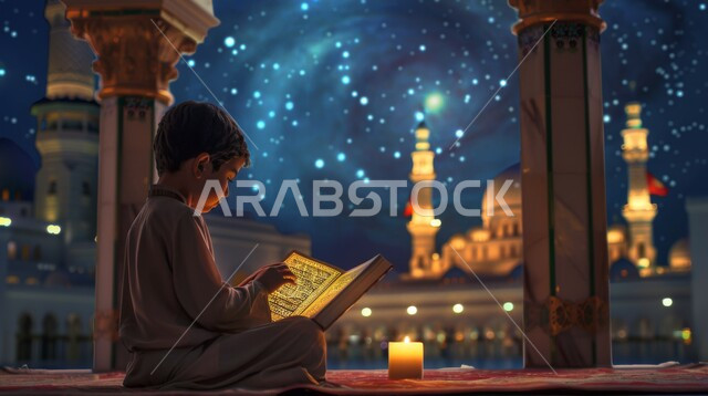 قراءة و تلاوة القرآن الكريم، الإكثار من الطاعة والتقرب الى الله، الجلسات الإسلامية الروحانية الهادئة في شهر رمضان المبارك، زرع الفطرة السليمة الصحيحة في الأبناء، ولد عربي خليجي سعودي يحمل بيده المصحف الشريف يجلس أمام واجهه زجاجية مطلة على أحد المساجد الاسلامية
