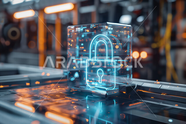 The concept of development, technical progress and cybersecurity, a three-dimensional hologram background for a lock icon, Internet and server icons, integrating modern technology and techniques into work, a Saudi future vision 2030