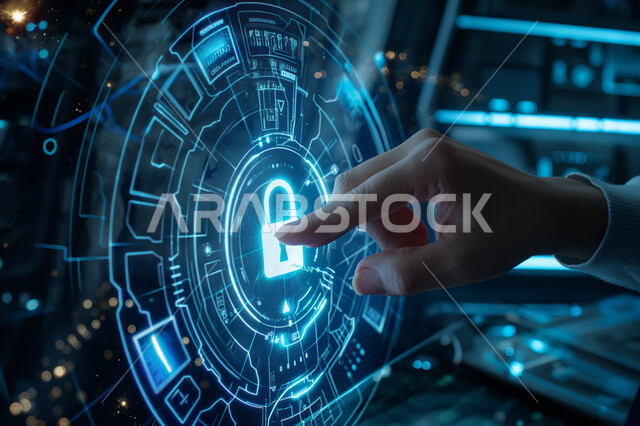 التكنولوجيا وتحقيق الثورة الصناعية، النمو التكنولوجي والتطور الالكتروني في مجال الذكاء الاصطناعي، رؤية مستقبلية سعودية 2030،  صورة مقربة ليد رجل عربي خليجي سعودي يشير إلى رموز رقمية هولوجرامية لأيقونات الكمبيوتر وشبكات الإنترنت