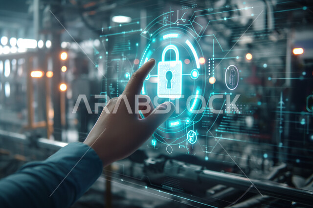 تحقيق الثورة الصناعية، النمو التكنولوجي والتطور الالكتروني في مجال الذكاء الاصطناعي، رؤية مستقبلية سعودية 2030،  صورة مقربة ليد رجل عربي خليجي سعودي يشير إلى رموز رقمية هولوجرامية لأيقونات الكمبيوتر وشبكات الإنترنت