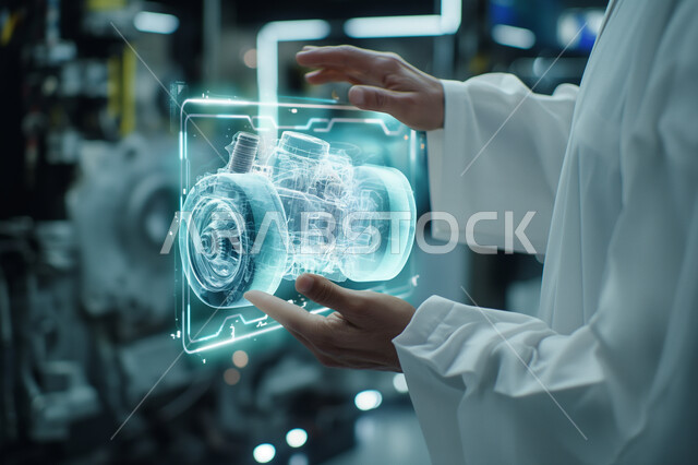 مفهوم صناعة السيارات، المخططات والتصاميم الهندسية لمشاريع المستقبل, التقدم والتطور التقني والتكنولوجي, صورة مقربة لأيدي رجل يتفاعل ويندمج مع رسوم بيانية هولوجرامية ثلاثية الابعاد للنموذج الأولي لعجلات السيارة, رؤية مستقبلية سعودية 2030