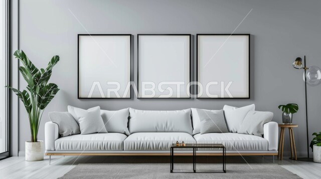 ديكور داخلي راقي للفلل والشقق السكنية في المملكة العربية السعودية, لوحات بيضاء فارغه معلقة, التصاميم الداخلية لغرف الجلوس على الطراز الحديث، غرفة معيشة مع أثاث منزلي فاخر باللون الابيض، الاهتمام في نباتات الزينة الخضراء