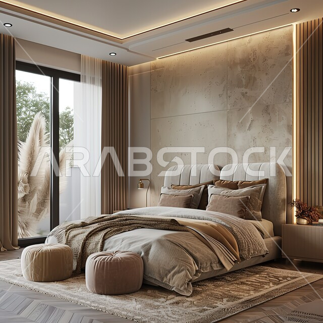 وسائد و سرير مريح، أثاث منزلي راقي وأنيق، ديكور داخلي لغرفة نوم بأسلوب حديثديكورات متطورة للفلل والشقق السكنية، تحف وإكسسوارات عصرية، المنتجعات والفنادق المصممة بالطرق الحديثة، فن الهندسة المعمارية والتصميم