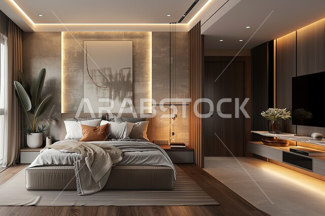 سرير ووسائد مريحة، أثاث منزلي راقي وأنيق، تصميم داخلي لغرفة نوم بأسلوب حديث، فلل وشقق سكنية بديكورات متطورة، فن الهندسة المعمارية والديكور في الفنادق والمنتجعات المصممة بالطرق الحديثة، غرف بتصاميم داخلية عصرية فاخرة، إكسسوارات وتحف عصرية