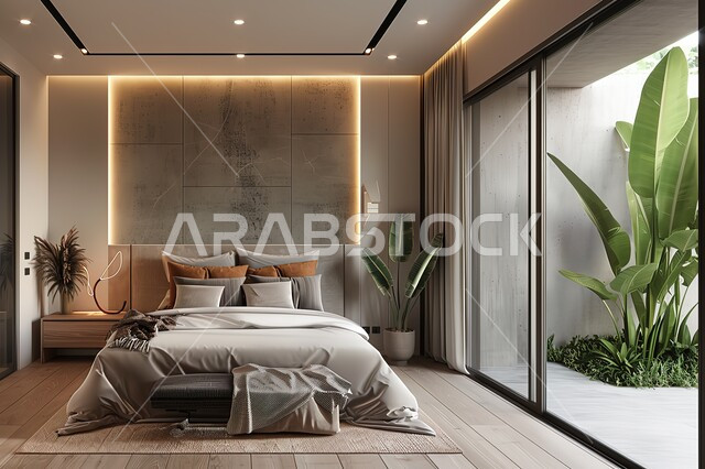 تصميم داخلي لغرفة نوم بأسلوب حديث، فلل وشقق سكنية بديكورات متطورة، أثاث منزلي راقي وأنيق، وسائد وسرير مريح، فن الهندسة المعمارية والديكور في الفنادق والمنتجعات المصممة بالطرق الحديثة، غرف بتصاميم داخلية عصرية فاخرة، إكسسوارات وتحف عصرية