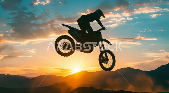 Recreational activities and exciting challenges, a silhouette of a tourist riding a fast motorcycle over mountain peaks and heights at sunset, integrating sports events with tourism culture, practicing the favorite sport in the desert of the Kingdom of Saudi Arabia, nature background