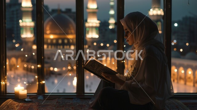 تلاوة و قراءة القرآن الكريم ,تحف واضاءة الشهر المبارك, الجلسات الإسلامية الروحانية في شهر رمضان ، الاكثار من العبادات  والتقرب الى الله تعالى، امرأة عربية خليجية سعودية تحمل بيدها المصحف الشريف تجلس أمام واجهة زجاجية مطلة أحد المساجد الاسلامية ليلا