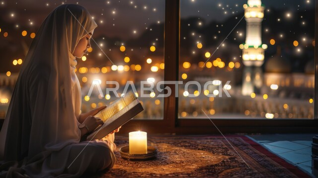 تلاوة و قراءة القرآن الكريم ,تحف واضاءة الشهر المبارك, الجلسات الإسلامية الروحانية في شهر رمضان ، الاكثار من العبادات  والتقرب الى الله تعالى، امرأة عربية خليجية سعودية تحمل بيدها المصحف الشريف تجلس أمام واجهة زجاجية مطلة أحد المساجد الاسلامية ليلا