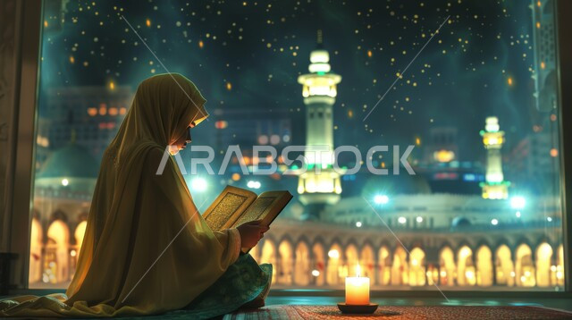تحف واضاءة الشهر المبارك, الجلسات الإسلامية الروحانية في شهر رمضان ، الاكثار من العبادات  والتقرب الى الله تعالى، قراءة و تلاوة القرآن الكريم، امرأة عربية خليجية سعودية تحمل بيدها المصحف الشريف تجلس أمام واجهة زجاجية مطلة أحد المساجد الاسلامية ليلا