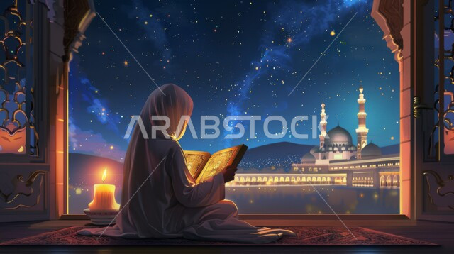 قراءة و تلاوة القرآن الكريم ,تحف واضاءة الشهر المبارك, الجلسات الإسلامية الروحانية في شهر رمضان ، الاكثار من العبادات  والتقرب الى الله تعالى، امرأة عربية خليجية سعودية تحمل بيدها المصحف الشريف تجلس أمام واجهة زجاجية مطلة أحد المساجد الاسلامية ليلا