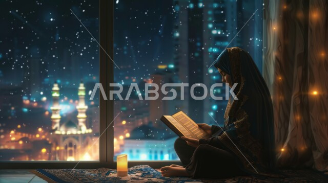 قراءة و تلاوة القرآن الكريم ,تحف واضاءة الشهر المبارك, الجلسات الإسلامية الروحانية في شهر رمضان ، الاكثار من العبادات  والتقرب الى الله تعالى، امرأة عربية خليجية سعودية تحمل بيدها المصحف الشريف تجلس أمام واجهة زجاجية مطلة أحد المساجد الاسلامية ليلا