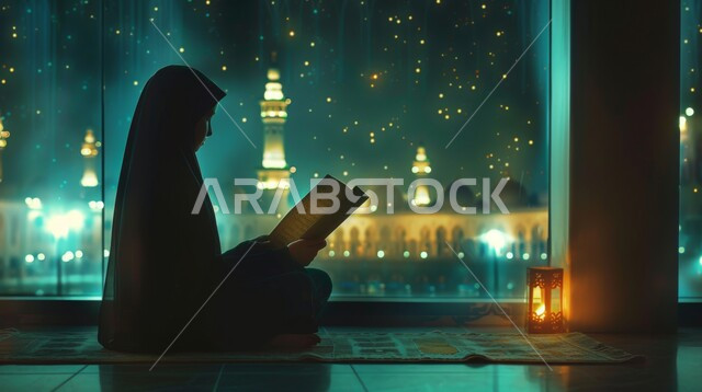 تحف واضاءة الشهر المبارك, الجلسات الإسلامية الروحانية في شهر رمضان ، الاكثار من العبادات  والتقرب الى الله تعالى، قراءة و تلاوة القرآن الكريم، امرأة عربية خليجية سعودية تحمل بيدها المصحف الشريف تجلس أمام واجهة زجاجية مطلة أحد المساجد الاسلامية ليلا