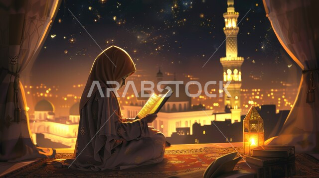 مفهوم العبادة والتقرب الى الله، تربية الابناء على الفطرة السليمة الصحيحة، قراءة و تلاوة القرآن الكريم، الجلسات الإسلامية الروحانية في شهر رمضان المبارك، فتاة عربية خليجية سعودية تحمل بيدها المصحف الشريف تجلس أمام واجهة زجاجية مطلة أحد المساجد الاسلامية ليلا