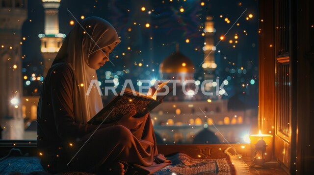 الاكثار من العبادات  والتقرب الى الله تعالى، قراءة و تلاوة القرآن الكريم، الجلسات الإسلامية الروحانية في شهر رمضان المبارك، امرأة عربية خليجية سعودية تحمل بيدها المصحف الشريف تجلس أمام واجهة زجاجية مطلة أحد المساجد الاسلامية ليلا