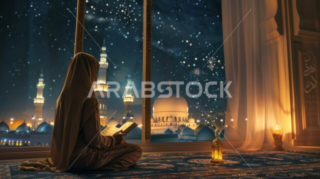 The concept of worship and getting closer to God, raising children on the correct common sense, reading and reciting the Holy Qur’an, Islamic spiritual sessions in the blessed month of Ramadan, a Saudi Arabian Gulf girl holding the Holy Qur’an in her hand sitting in front of a glass facade overlooking one of the Islamic mosques at night.