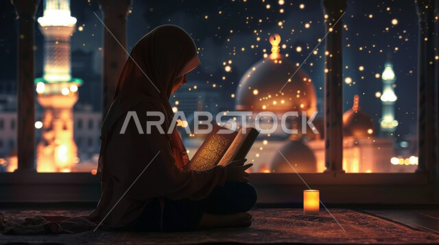 Doing a lot of worship and getting closer to God Almighty, reading and reciting the Holy Qur’an, Islamic spiritual sessions in the blessed month of Ramadan, a Saudi Gulf Arab woman holding the Holy Qur’an in her hand sitting in front of a glass facade overlooking one of the Islamic mosques at night.