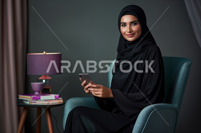 الدردشات والمحادثات مع الأصدقاء عبر الانترنت، النظر الى الكاميرا بايماءات الانوثة والنعومة، استعمال البرامج والتطبيقات الالكترونية، تصفح المواقع الالكترونية والتواصل الاجتماعي، إمرأة عربية خليجية سعودية تجلس على كرسي مريح وتقوم بتصفح الهاتف المحمول 