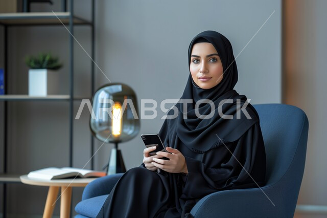 Online shopping, having a good time, using electronic programs and applications, browsing websites and social networking, a Saudi Arabian Gulf woman sitting on a comfortable chair and browsing a mobile phone, looking at the camera with feminine and soft gestures