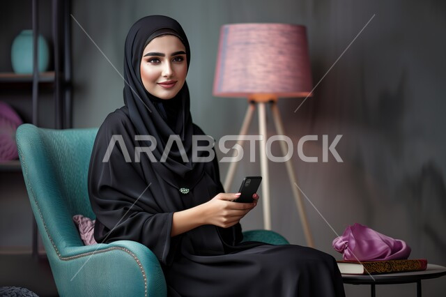 Having a good time, using electronic programs and applications, browsing websites and social networking, a Saudi Arabian Gulf woman sitting on a comfortable chair and browsing a mobile phone, online shopping, looking at the camera with feminine and soft gestures