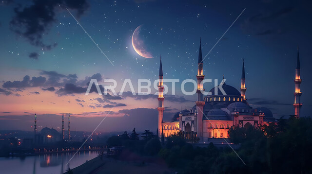 ديكورات وتصاميم متميزة على الطراز الاسلامي للقبب والمآذن المضيئة ليلا، الفن الهندسي المعماري للمساجد، مسجد عربي فاخر، العبادة والتقرب إلى الله، آداء الفرائض والصلوات، خلفيات دينية رمضانية، منظر الهلال في السماء